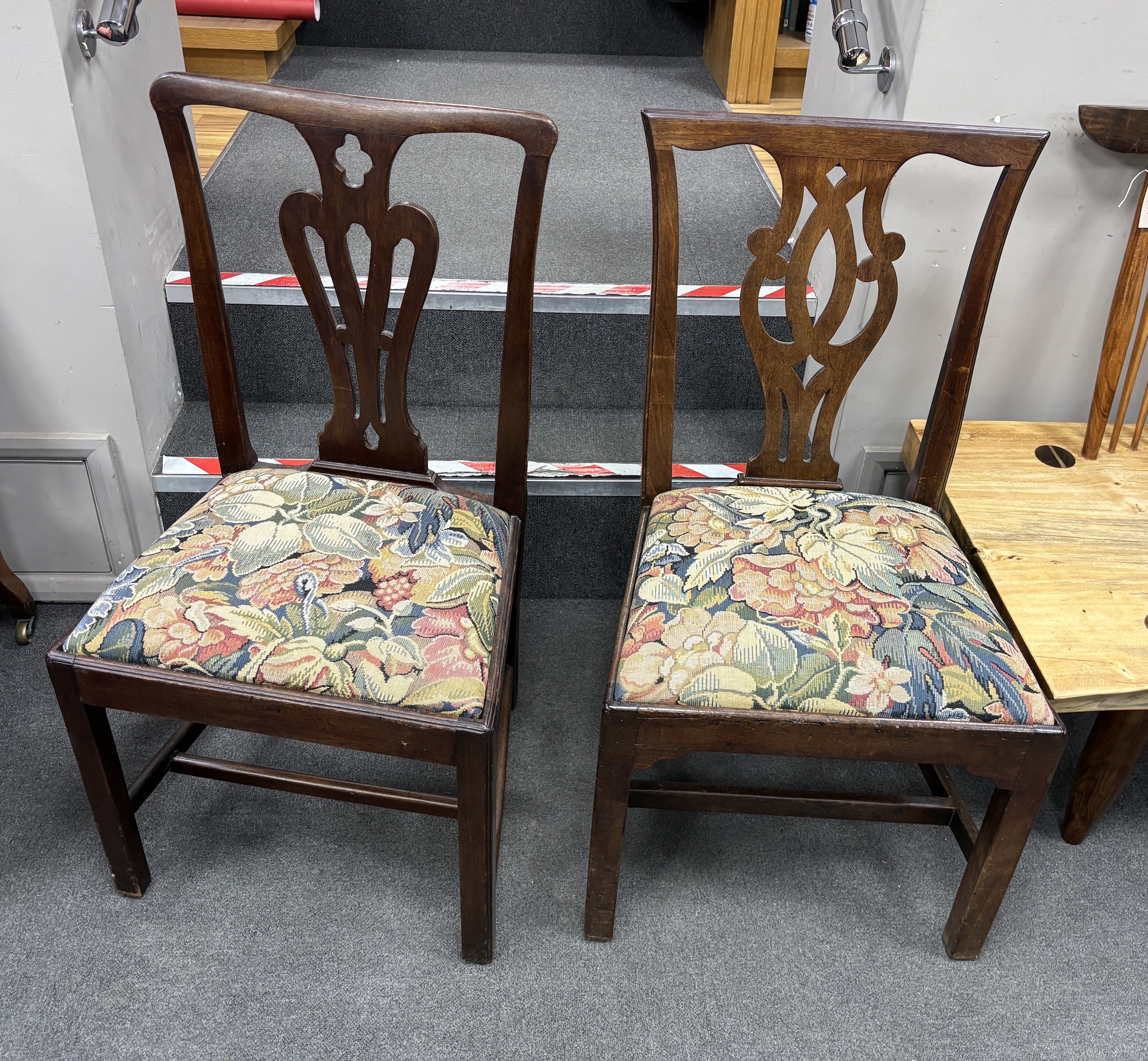 Seven George III Provincial mahogany oak and fruitwood dining chairs